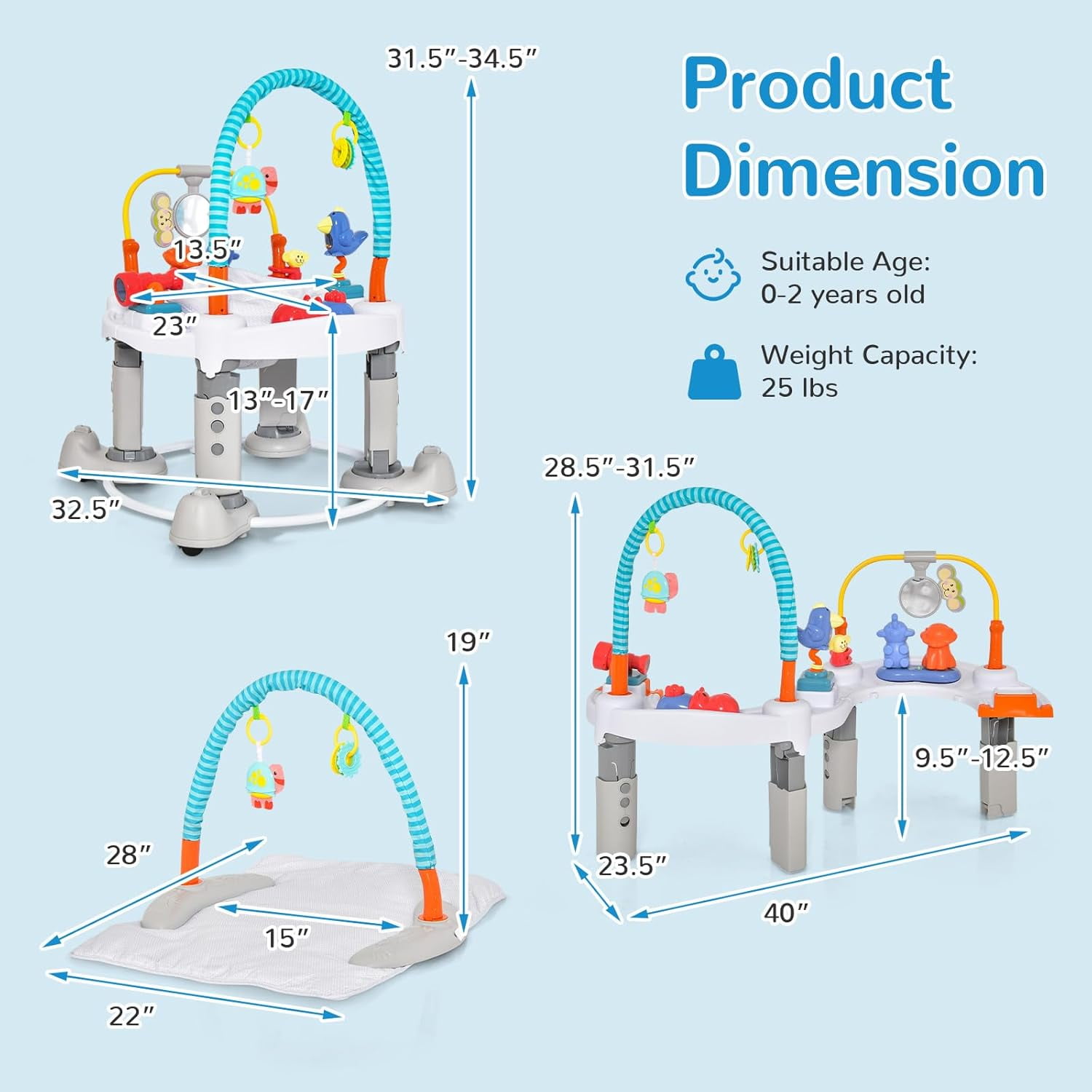 INFANS 5 in 1 Baby Activity Center with 8 Toys, Play Mat, 360°Rotating Seat, Foldable Infant Learning Table with 3 Adjustable Height for 0-24 Months