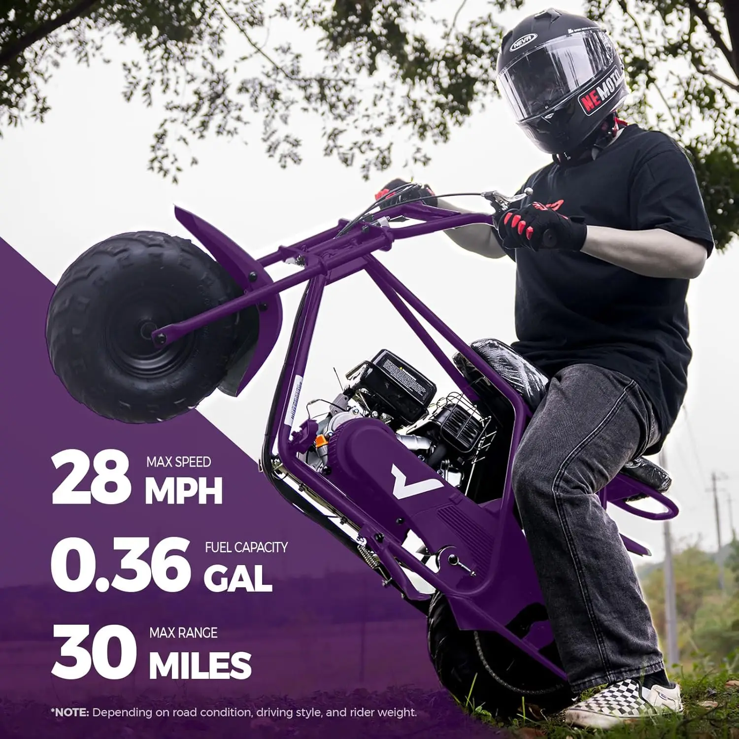 99cc 4-Stroke Gas Mini Bike for Ages 13+, Pull Start Mini Dirt Bike, Rear Disc Brake, Up to 28 MPH, 220 lb Capacity, All-Terrain Tires
