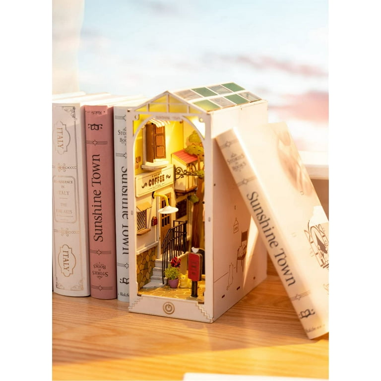 Robotime DIY Book Nook Kit Bookend Stand Bookshelf Insert Bookcase  Miniature House with Sensor Light 3D Wooden Puzzle Model Building,Sunshine  Town