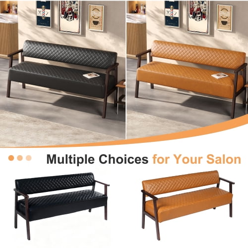 58.27" Diamond Quilted PU Faux Leather Waiting Bench with Wood Armrests, Upholstered Reception Bench for Salon Lobby Office, Dark Brown