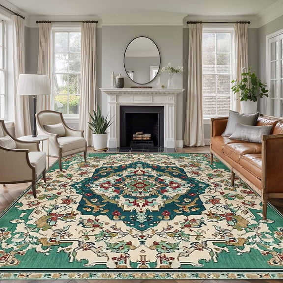 Area Rug for Living Room, Beige Turquoise Boho Non-Slip Indoor Large Carpet for Bedroom/Dining Room, Medieval Vintage Ethnic Floral Washable Low-Profile Rectangle Floor Runner Rugs - 6 x 9 Ft