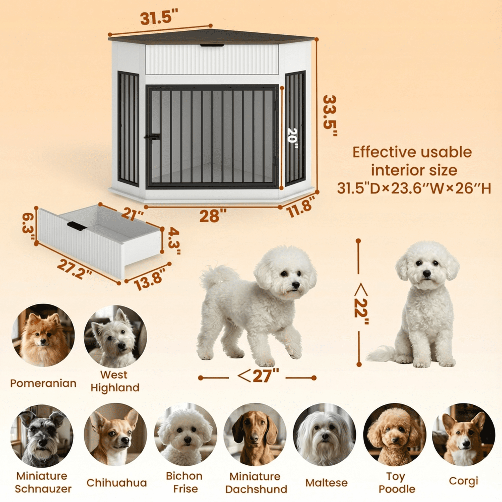 Aukfa Corner Dog Crate Furniture, Small to Medium Dog Kennel with Fluted Drawer for Home Indoor,White