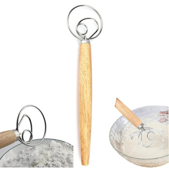 LiXiongBao 13 Inch Danish Dough Whisk - Large Wooden Handle, Stainless Steel Ring - Traditional Dutch Whisk for Bread, Batter, Cake, Pastry
