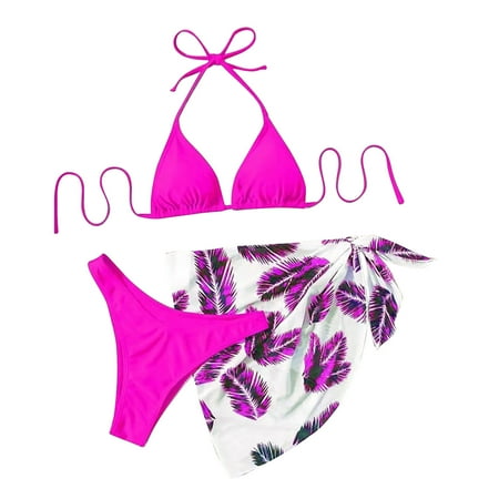 Abomasnow Women s Sexy 3 Piece Hawaiian Printed Bikini Swimwear Summer Holiday Bathing Suits Tie Knot Tie Back Triangle Swimsuit and Skirts Cover Up
