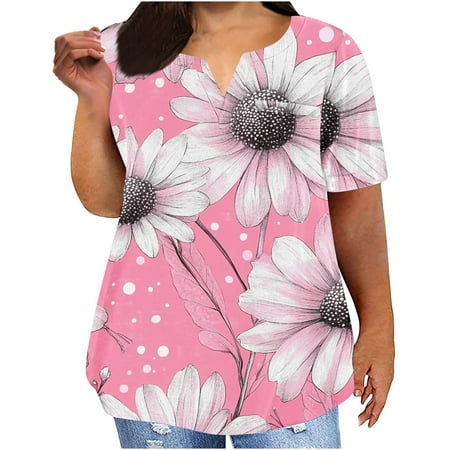 QUNYINEY Pink Womens Tops Casual V Neck Floral Short Sleeve Shirts Plus Size Summer Loose Tee Shirts Womens