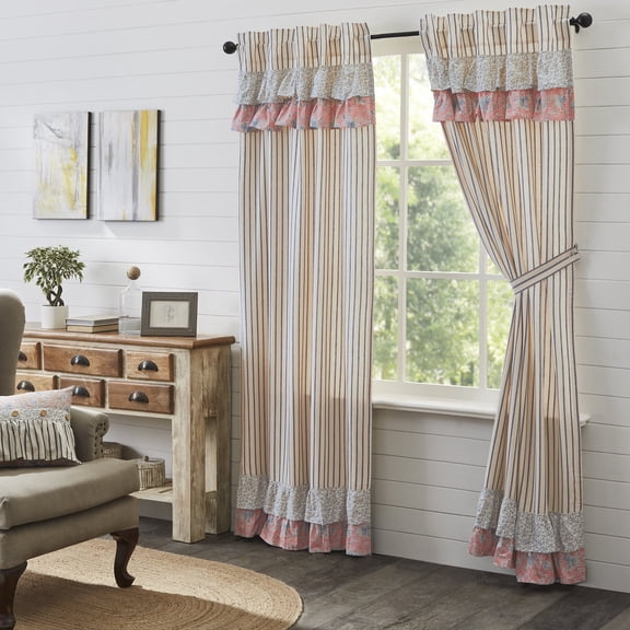 VHC Brands Kaila Country Cottage Ruffled Blue Ticking Stripe Living Room Curtain Panel Set 84x40