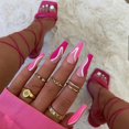 thumbnail image 2 of 24 Pcs Ongles Postiches Rose Rouge Lignes Blanches Longs Ballerine Faux Ongles pour Femmes et Fille Colle Gelée, 2 of 8