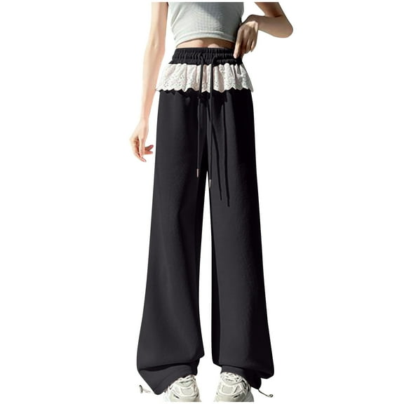Wyobmus Women Wide Leg Pants Summer High Waist Flowy Lace Casual Trousers Loose Lounge Beach Travel Vacation Trouser Black
