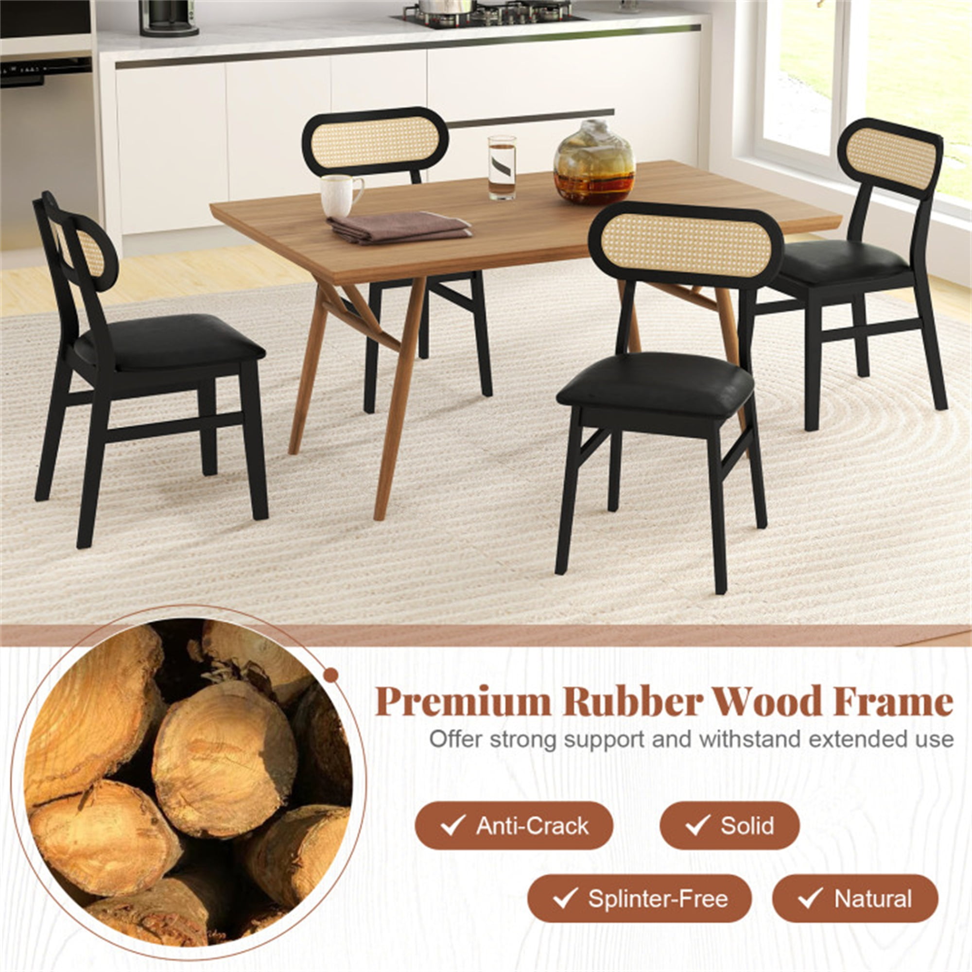 Demi Bonn Set of 2 Indoor Mid Century Wood Dining Chairs with Breathable Mesh Cane Backrest for Dining Room, Black