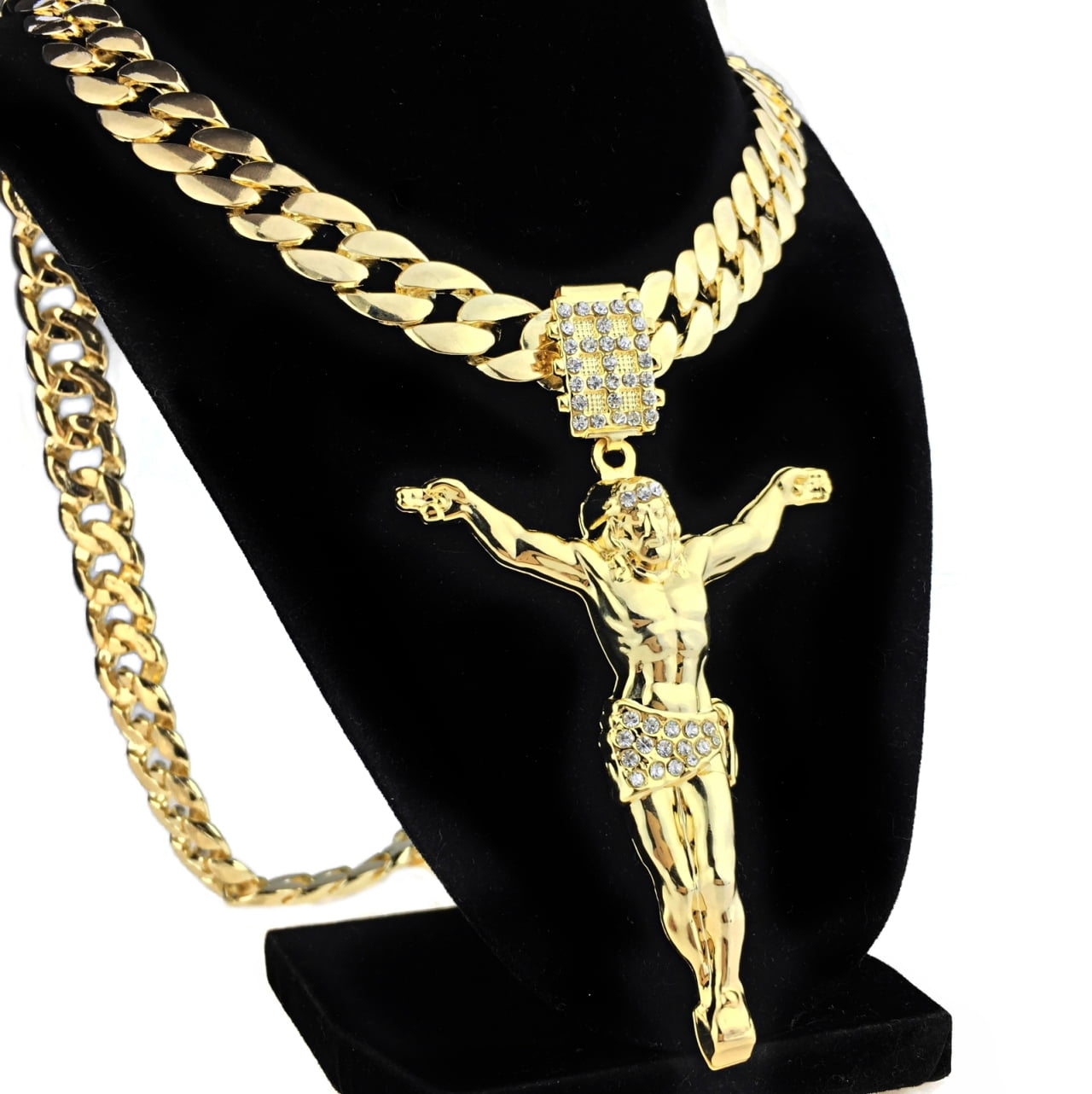 14K Yellow Gold Jesus Crucifix Cross Mens Necklace with Hollow Figaro Chain