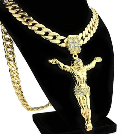 Mens 14K Gold Plated Jesus Body Pendant 3.5" Crucifix Charm 33" Inch Cuban Link Hip Hop Chain Necklace