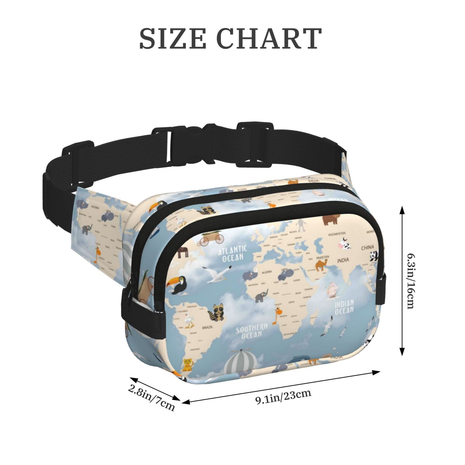 Picia Animals Travel World Map Print Square Double-Layer Waist Bag Mini Adjustable Waist Belt Bag Exercise Running Travel Hiking