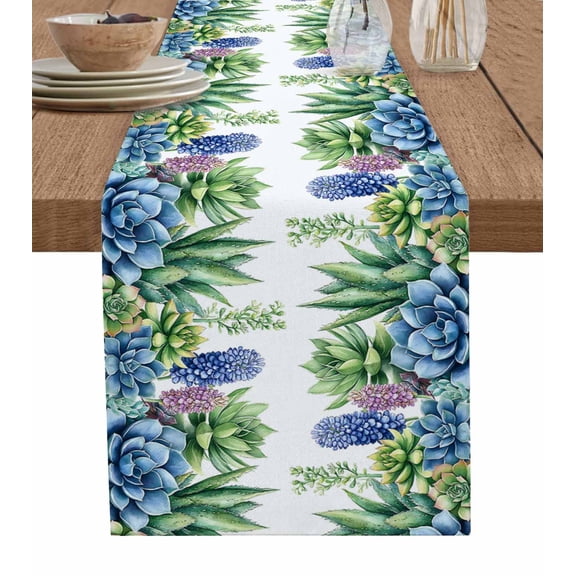 Green Blue Succulent Table Runner 72 Inches, Summer Botanical Tropical Bed Runner Dresser Scarves Tabletop for Indoor Outdoor Parties/Ceremony/Banquet, 16" x 72"