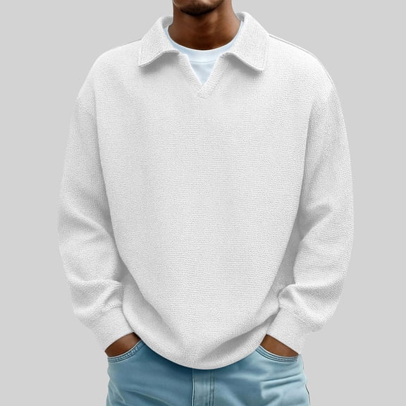 Donemore Men's Solid Color Long Sleeve Turn-Down Collar Knitted Pullover Sweater Breathable Casual Versatile