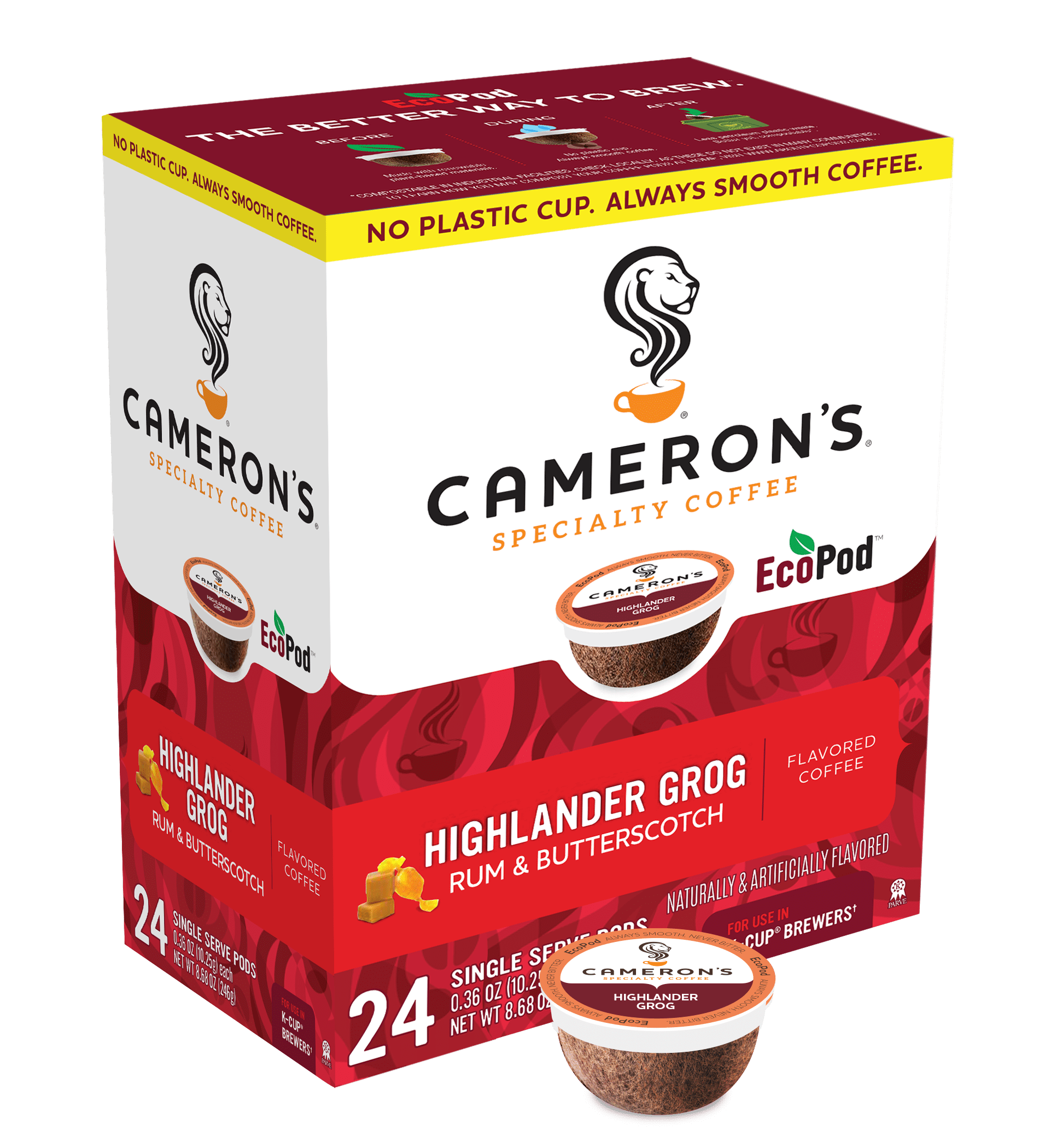 Cameron's Coffee Highlander Grog Flavored KCup Coffee Pods, Light