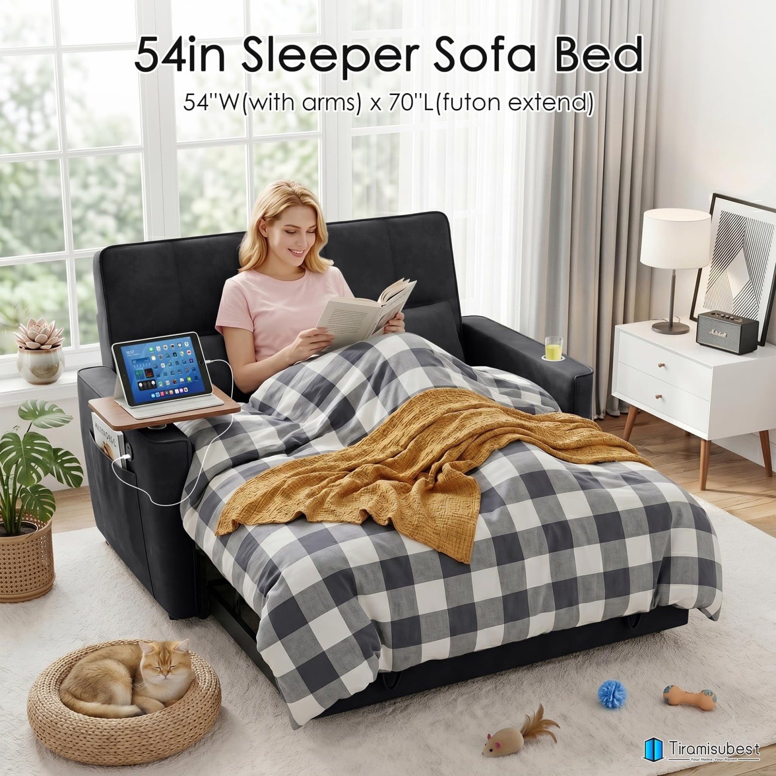 54" Sleeper Sofa Bed, Convertible Pull Out Couch Futon with Side Table, USB Ports, Cup Holder, Adjustable Backrest, Velvet Sofa Bed for Living Room Apartment, Black