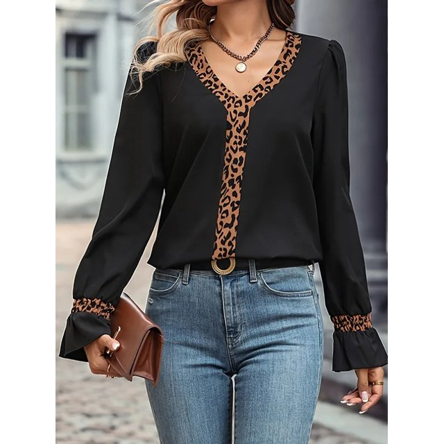 Blusa de manga larga con cuello en V y estampado de leopardo para mujer, otoño invierno 2023, vintage