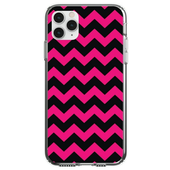 DistinctInk Clear Shockproof Hybrid Case for iPhone 13 Pro MAX (6.7" Screen) - TPU Bumper, Acrylic Back, Tempered Glass Screen Protector - Black Hot Pink Chevron Stripes - Chevron Stripes Pattern