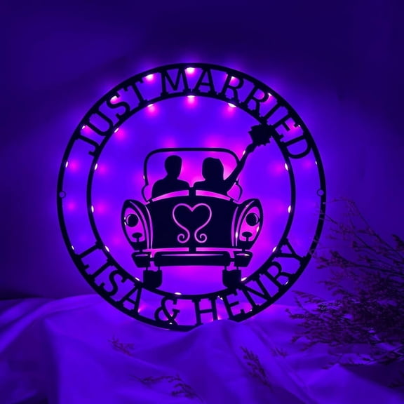 Handmadetneonsign Personalized Just Married Wedding Car Metal Wall Art LED Light, Lover Metal Sign