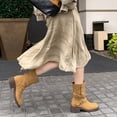 thumbnail image 3 of Riding Boots for Women Adjustable Button Fold Over Round Toe Stacked Heel Suede Fall Dress Booties Trendy Strappy Ankle Boots Yellow 7, 3 of 7