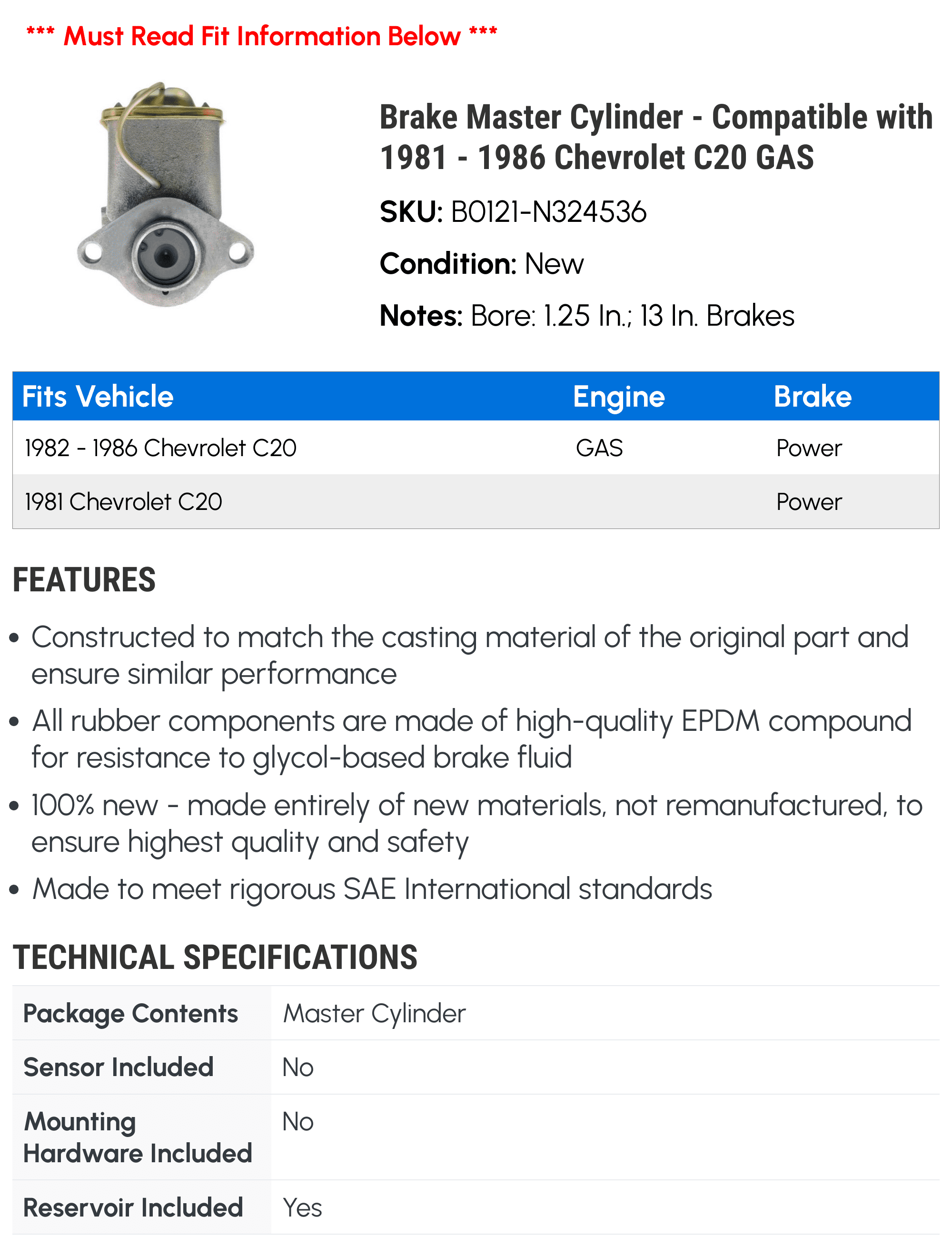 Brake Master Cylinder - Compatible with 1981 - 1986 Chevy C20 GAS 1982 1983 1984 1985