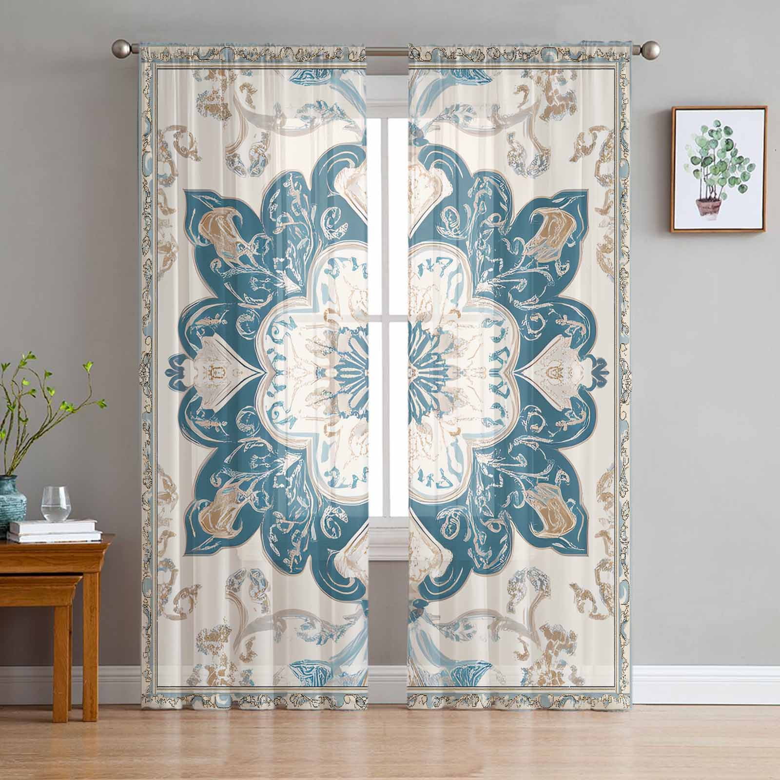 Boho Flowers Sheer Curtains 63 Inch Length 2 Panels Set for Living Room/Bedroom, Country Neutral Chic Abstract Floral Art Curtain Sheers Drapes Rod Pocket Curtains Window Treatment Set 52''x63''x2