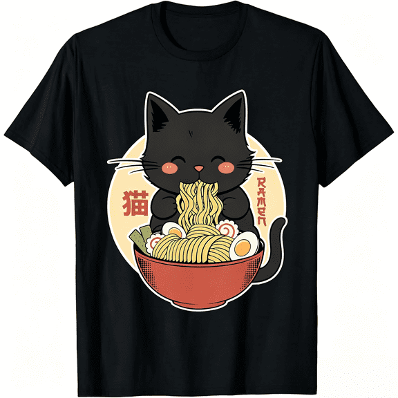 Cat Ramen Funny Graphic Tees Japanese Kawaii Cat Anime T-Shirt