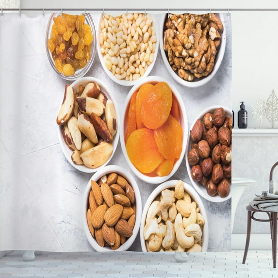Apricot Shower Curtain, Healthy Food Themed Organic Assortments Nuts and Dried Fruits on Stone Table Print, Fabric Bathroom Set with Hooks, 69W X 70L Inches, Multicolor, by Ambesonne
