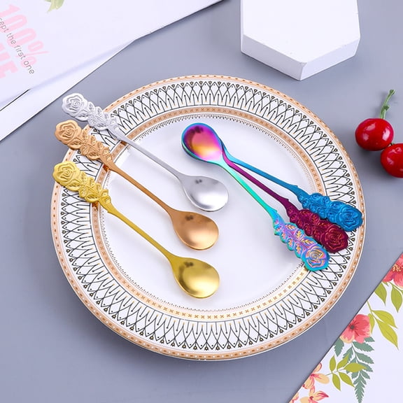 Joernso Coffee Spoon Rose Design Handle Dessert Stainless Steel Stirring Teaspoon Tableware for Kitchen