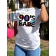 thumbnail image 1 of Women's Retro '90s Youngsters Graphic Tee - Fun Letter Print, Casual Crew Neck Short Sleeve T-Shirt, Black with Colorful Stripes & Geometric Patterns, Summer Essential, 1 of 4
