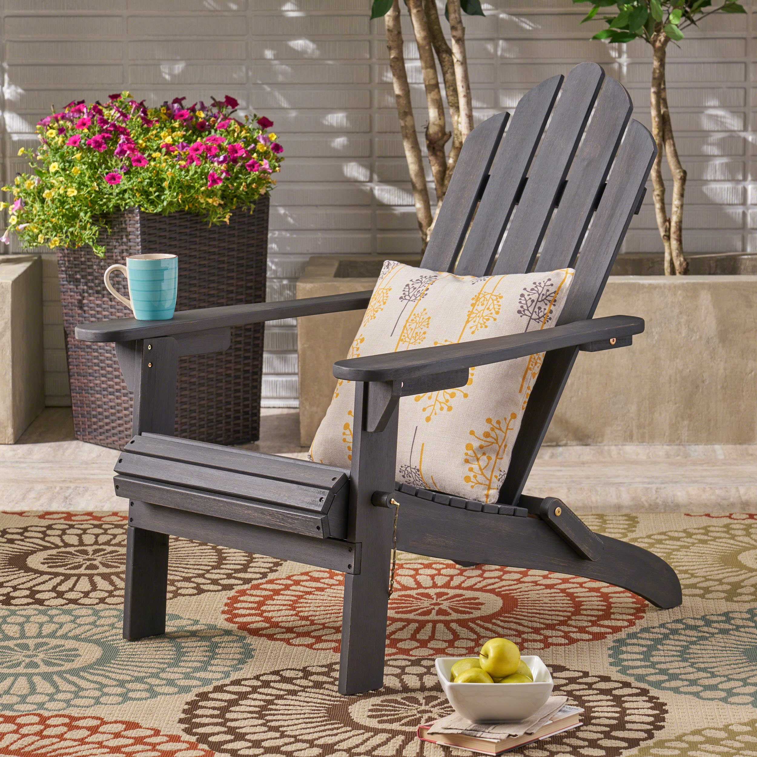 Olurrisa Folding Adirondack Chair Dark Grey Acacia Wood – Foldable Patio Deck Outdoor Chair with Weather Resistant Frame, Classic Slat Paneling