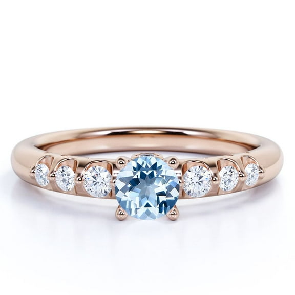 JeenMata 1 carat Round Dark Blue Created Aquamarine 7 Stone Antique Engagement Ring in 18k Rose Gold over Silver