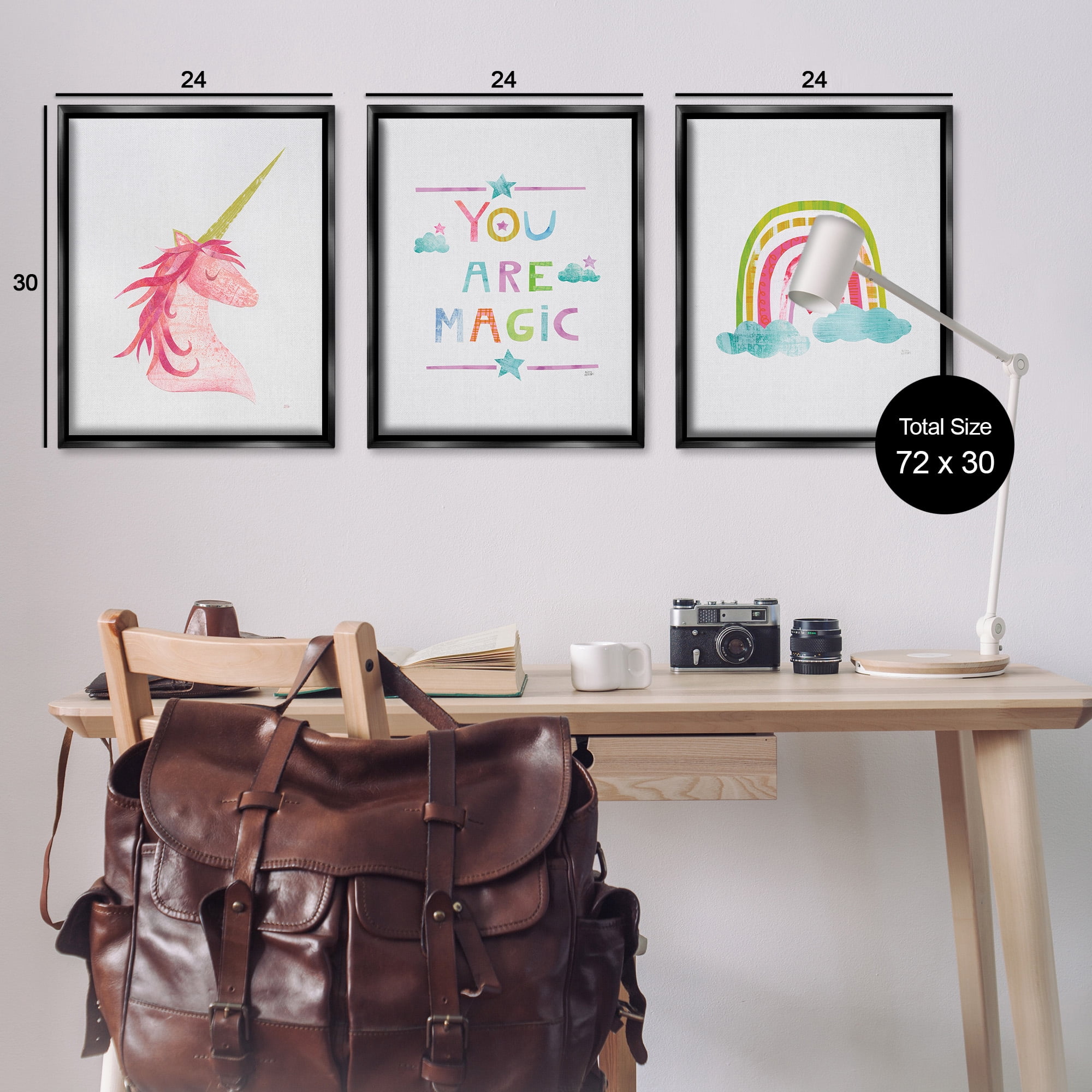 Stupell Industries You Are Magic Rainbow & Unicorn Art for Kids Painting Black Floater Framed Canvas Art Print Wall Art, 25 x 31, Set of 3