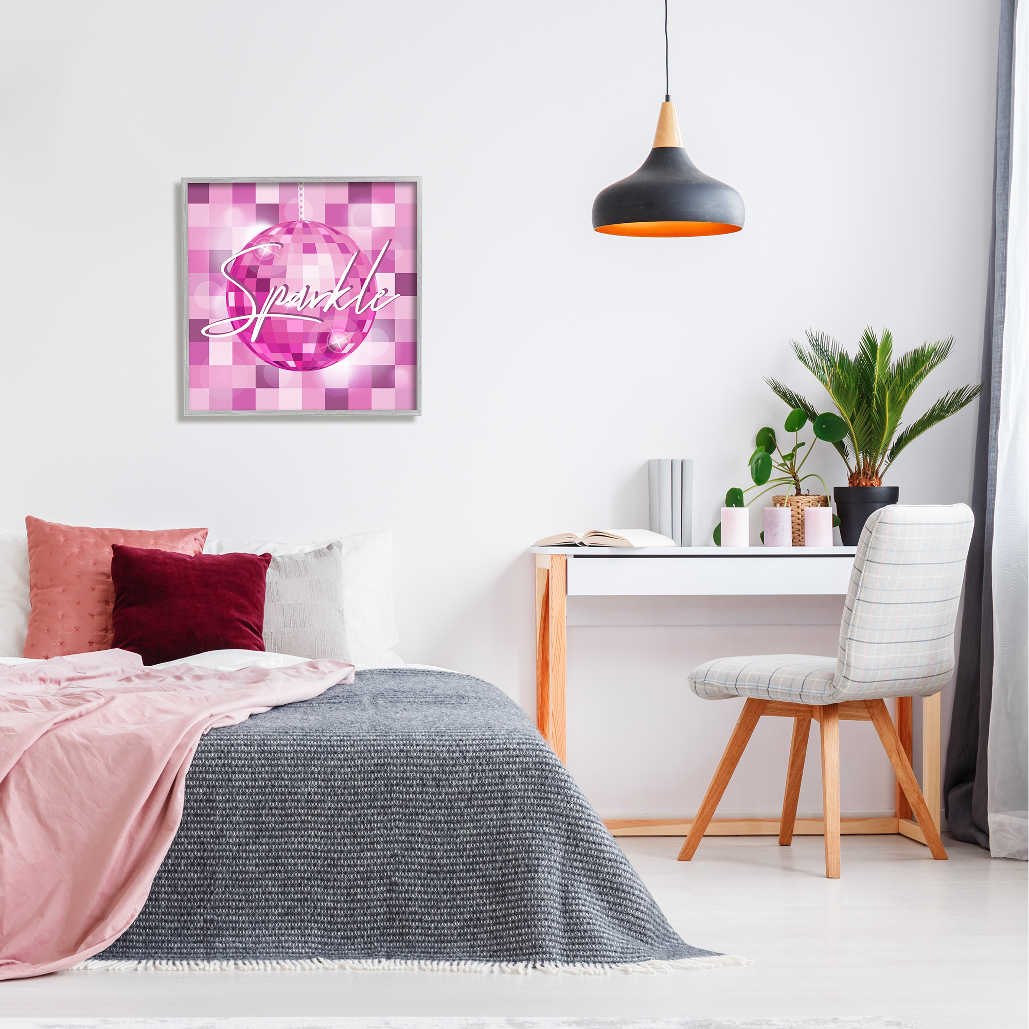 Stupell Industries Sparkle Pink Disco Ball Pattern Beauty & Fashion Painting Gray Framed Art Print Wall Art