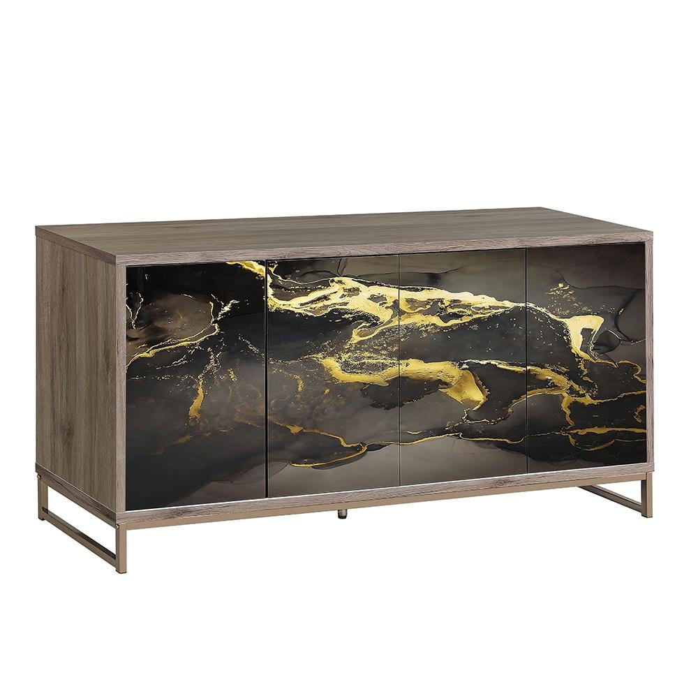 ACME Payo Wood/Metal Console Cabinet in Black Marble Paint/Oak & Champagne