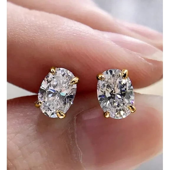 3Ct Oval Cut Lab Created Moissanite Solitaire Stud Earrings 14K Yellow Gold Plated