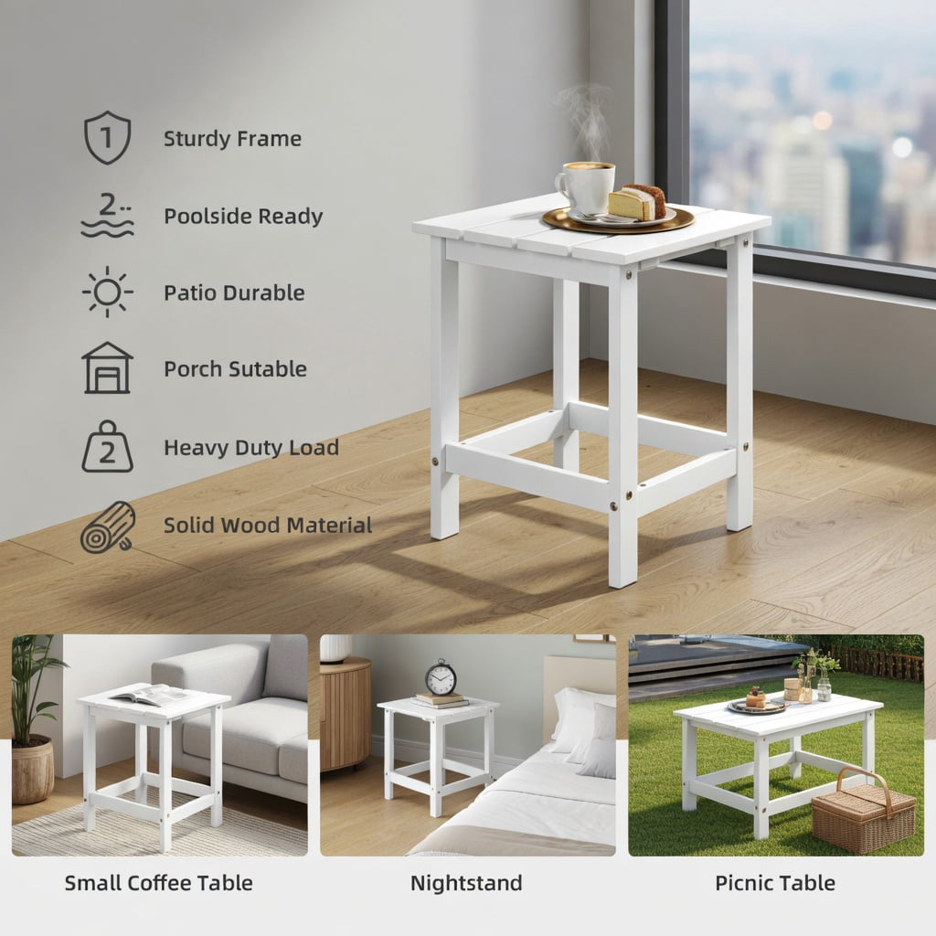 Spaco Outdoor Side Table ,15 Inch Patio Square Wooden Slat End Side Coffee Table for Garden-White, Outdoor Side Table for Patio, Pool, Porch