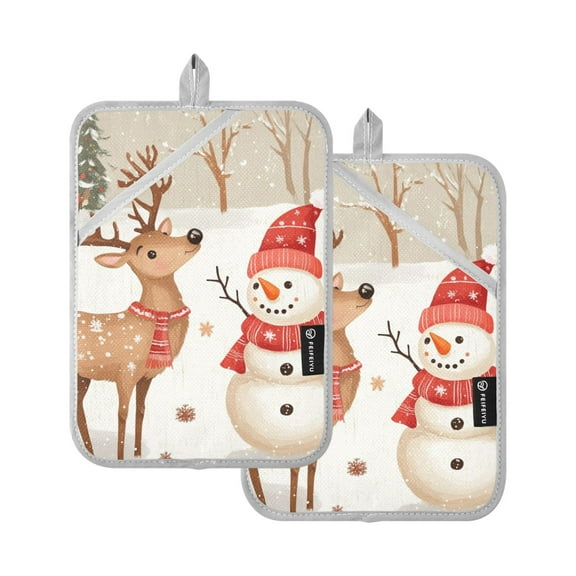 Cute Snowman Deer Christmas Trees Potholders Heat Resistant Pot Holder Set of 2 Oven Hot Pads with Pocket