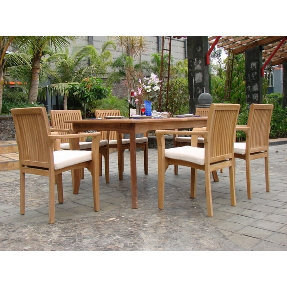 Teak Dining Set:6 Seater 7 Pc - 71" Rectangle Table And 6 Lua Stacking Arm Chairs Outdoor Patio Grade-A Teak Wood WholesaleTeak #WMDSLU8