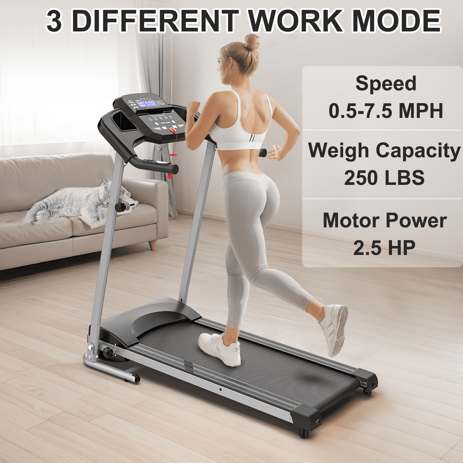 OBENSKY Foldable Electric Treadmill for Home, 2.5HP Quiet Portable Folding Small Treadmill, 7.5 MPH, LED Display, Heart Rate Senso