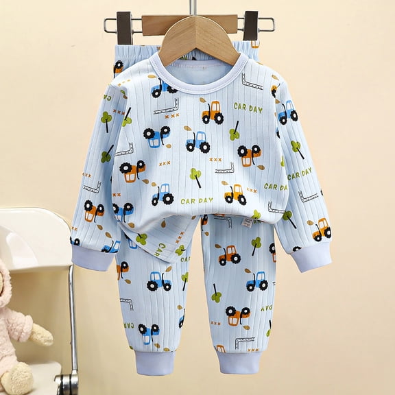 Baby Boy Outfits 2 Piece Cozy Cartoon Print Crew Neck Long Sleeve Sweatshirt And Jogger Pants for Homewear Boys' Clothing Sets Blue 18-24 Months