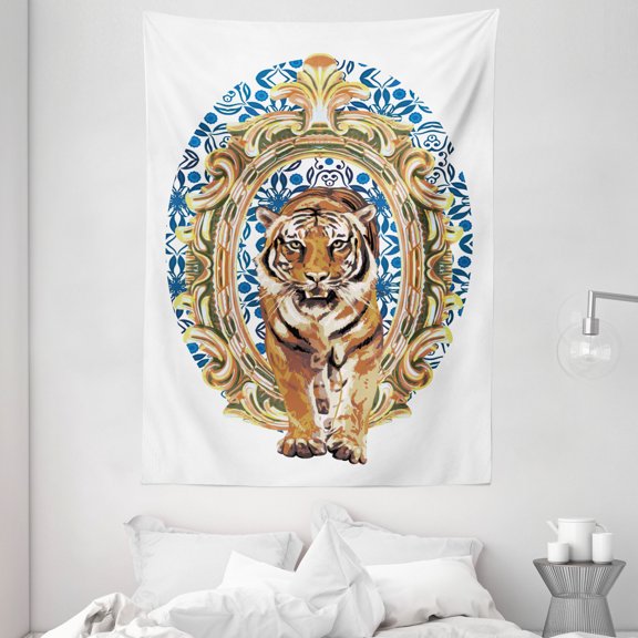 Tiger Tapestry, Large Cat Crossing from Vintage Frame Japanese Design Exotic Adventure, Wall Hanging for Bedroom Living Room Dorm Decor, 60W X 80L Inches, Royal Blue Pale Brown, by Ambesonne