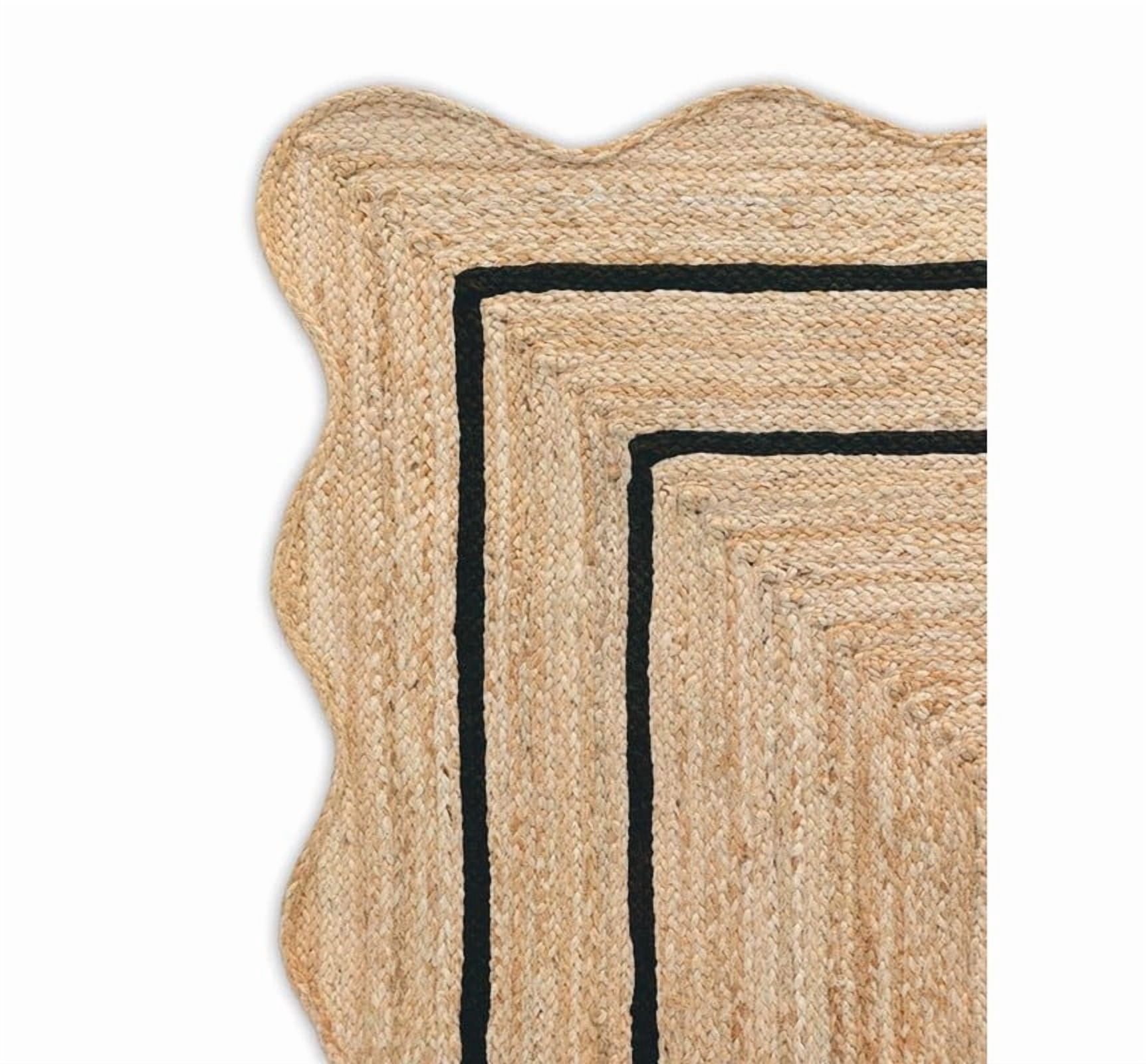 Wave Scalloped Natural Jute Rug, Handmade Boho Farmhouse Braided Eco-Friendly Indoor Carpet for Living Room, Bedroom, Hallway, Black, 11 X 14 FT