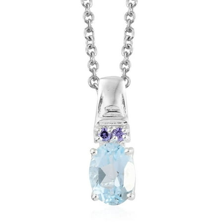Mix Metal Oval Sky Blue Topaz Cubic Zircon Purple Pendant Necklace 20" Cttw 1.2