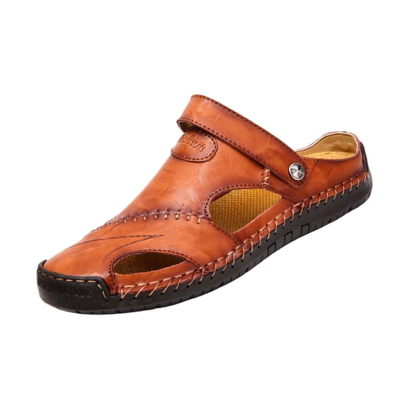 Domuza Mens Casual Leather Sandals Summer Beach Slipper Comfort Breathable Shoes Fashion Lightweight Trail Water Sandal Adjustable Brown 10 (EU-45)