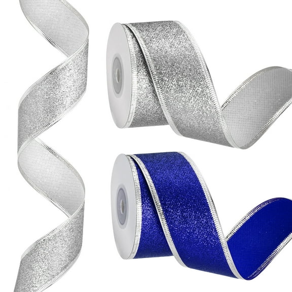 20 Yards x 1.5" Christmas Ribbon Metallic Wired Ribbon Shine Gift Wrapping Ribbon for Craft Birthday Wedding Festival Decoration, Blue/Silver