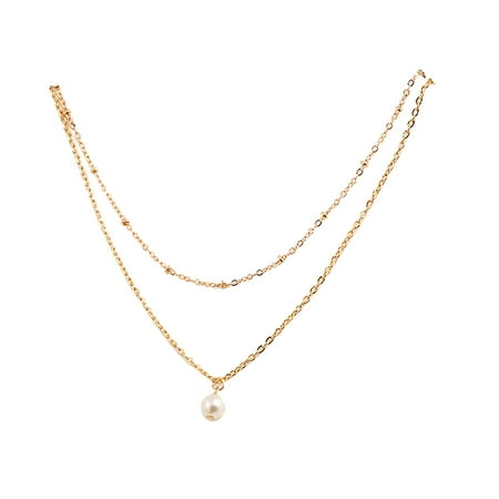 Double Beaded Chain Women Girls Pearl Pendant Choker Double Layer Chain Necklace Women Wedding Beads Jewelry Necklace ()