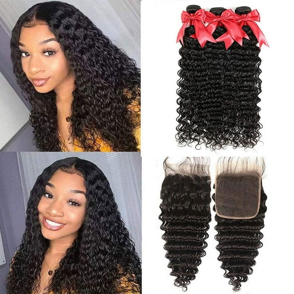 Brazilian Deep Wave Bundles with Closure 10A+ Brazilian Hair 100% Unprocessed Human Hair Extensions Bundles with Closure 4x4 Free Part Natural Black (12/14/16+10 Inch)