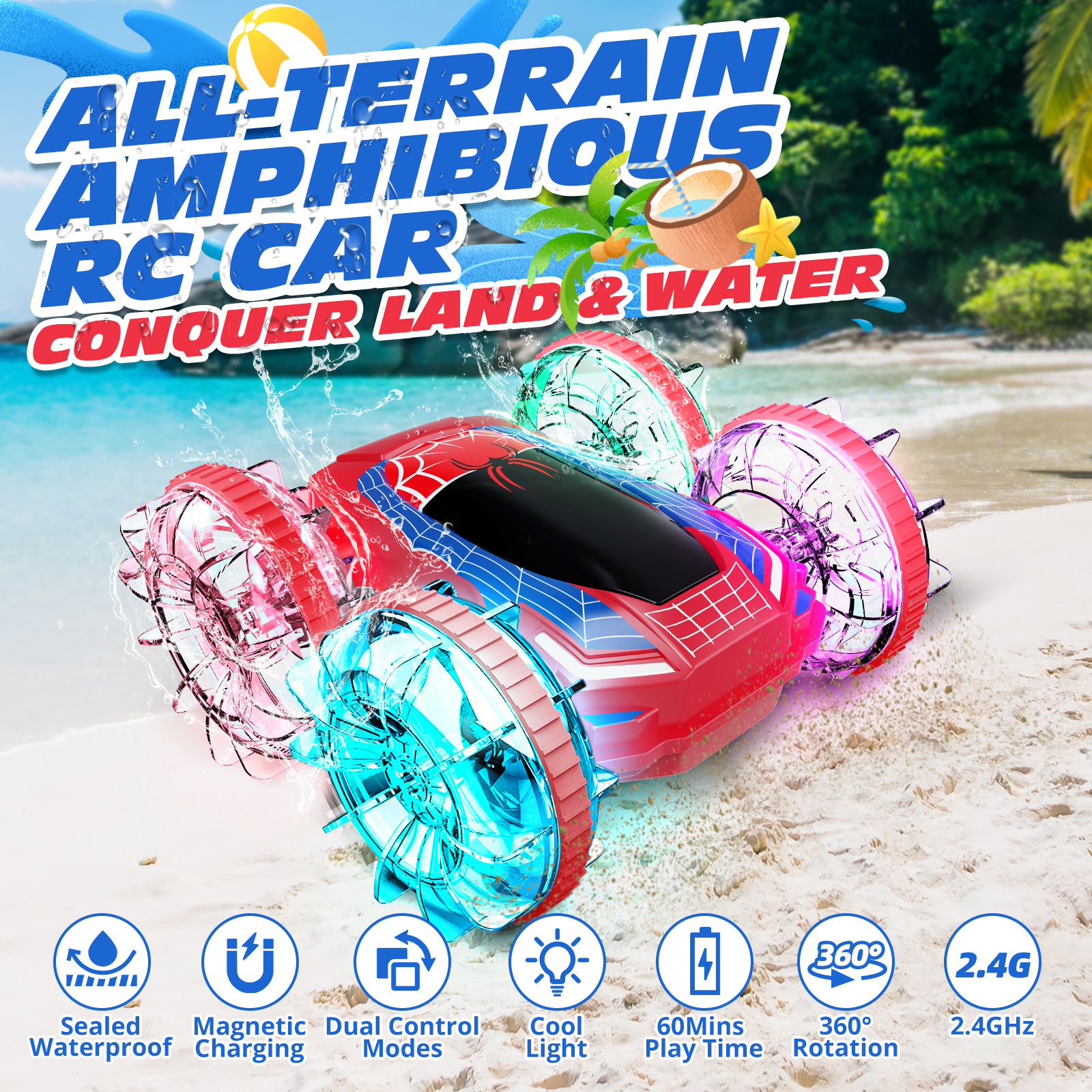 Tecnock Spider Amphibious Remote Control Car, 4WD Gesture RC Cars Boats with Magnetic Charging, 60 Min Playtime, LED Lights, Pool Toys for Kids