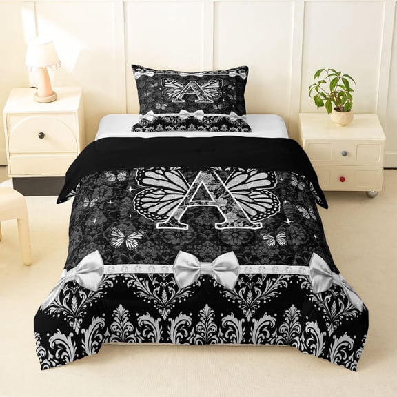 Manfei Lovely Letter A Twin Comforter Sets,Vintage Damask Bedding Set,Black,Black Reversible,2 Pieces,1 Comforter and 1 Pillowcase